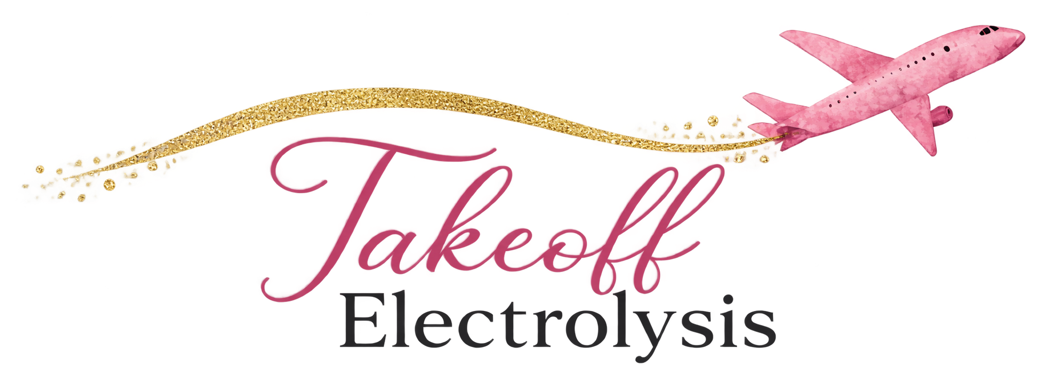 Takeoff Electrolysis logo with a pink airplane and gold trail